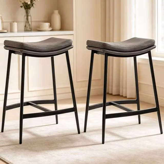 ERGOVEXA Industrial Faux Leather Bar Stools, Set of 2, Grey, H 68.5 x W 38.5 x D 48.5 cm