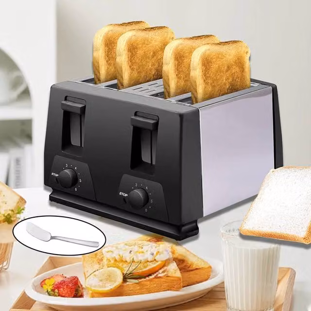 Ventryn 4 Slice Toaster in Black with Extra Wide Slots, Defrost and Reheat Functions – 1
