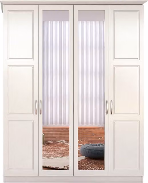 EVUHOME INES 4 Door Mirrored White Wardrobe, W/D/H: 184 x 52 x 140 cm