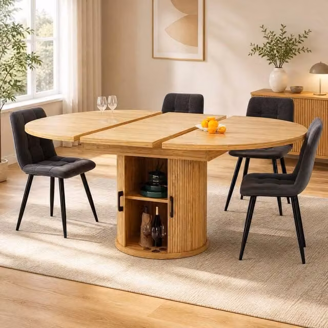 STILVORA Extendable Round Dining Table with Butterfly Leaf in Brown, H 76.8 cm x W 118 cm x D 75 cm