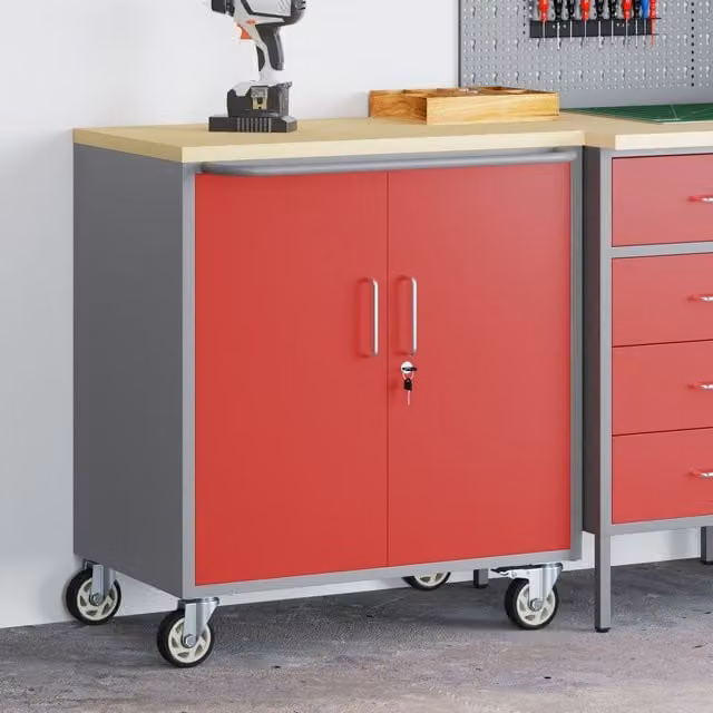 Berkfield Lockable Steel Tool Cabinet with Wheels and Worktop, Red, W: 75 cm, D: 45 cm, H: 85 cm – 1