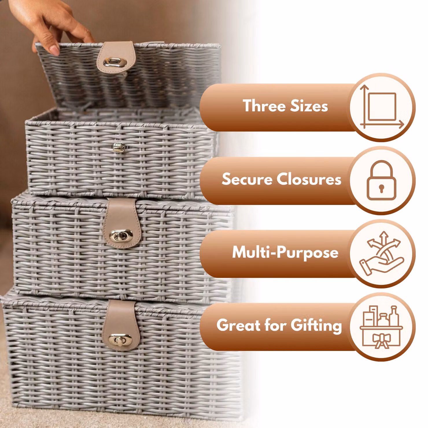 Marco Paul Grey Set of 3 Stackable Rattan Storage Baskets with Lids – 3