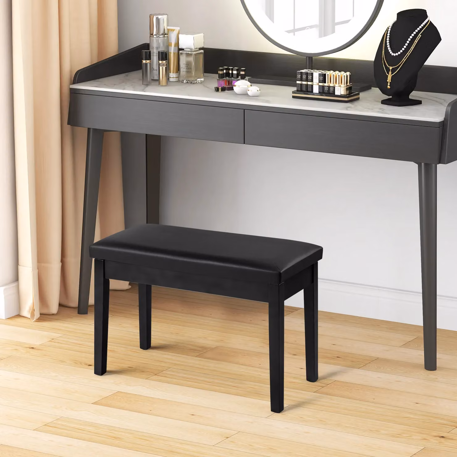 Costway 2-in-1 Black PU Leather Piano Bench with Double Duet Seat and Padded Music Storage – 2