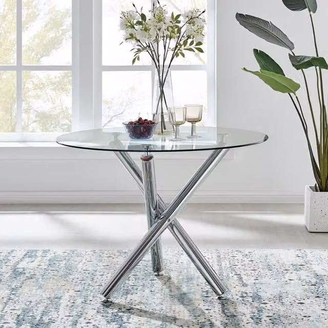 FurnitureboxUK Selina Modern Round Glass Kitchen Dining Table in Silver and Grey