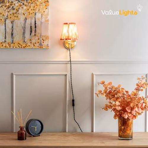 ValueLights Pair of 2 Antique Brass Plug-in Wall Lights with Blue Pleated Fabric Tapered Lampshades and LED Bulbs – 2