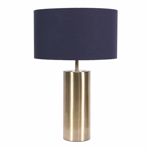 ValueLights Antique Brass Single Stem Touch Dimmer Table Lamp with Navy Blue Fabric Drum Shade and LED Bulb – 1