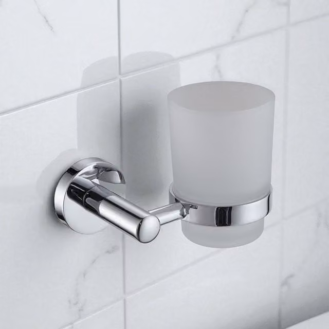 Showerdrape Modernity Wall Mounted Stainless Steel and Glass Toothbrush Holder with Tumbler in Silver