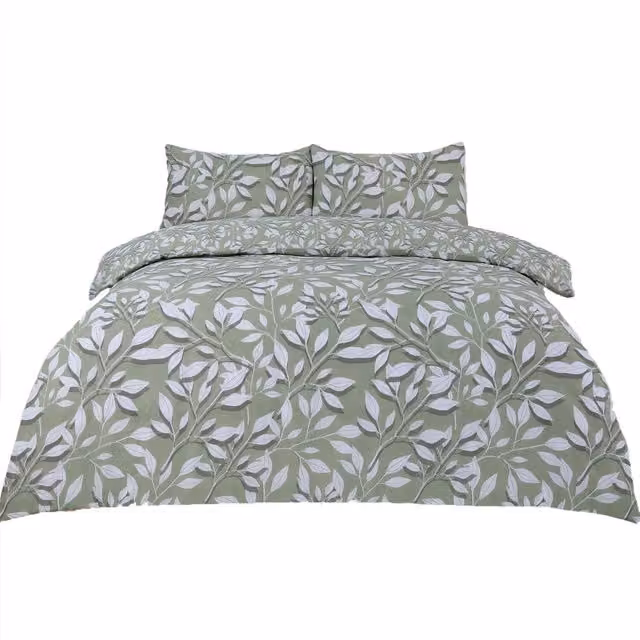 Dreamscene Reversible Leaf Print Duvet Cover and Pillowcase Set in Green, W/D/H: 200 x 200 cm