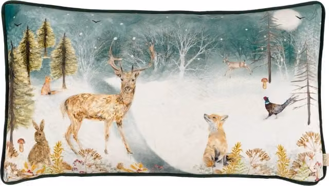 Stag Winter Velvet Piped Rectangular Cushion in Multicolour Floral Animal Design
