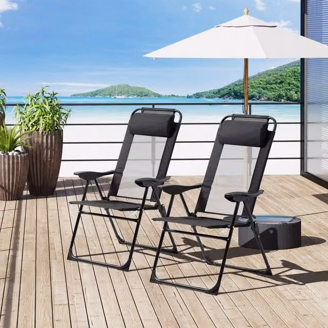 OUTSUNNY Set of 2 Black Folding Camping Recliner Chairs with Armrests – 1