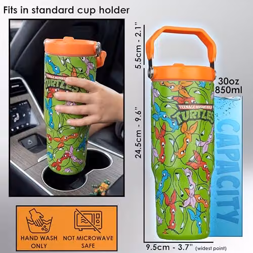 Get Trend Teenage Mutant Ninja Turtles Insulated Stainless Steel Tumbler with Straw and Handle, Green and Multicolour, 850ml – 5