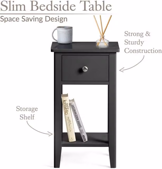 NESTLUNE Black Slim Bedside Table and Modern Bedroom Nightstand