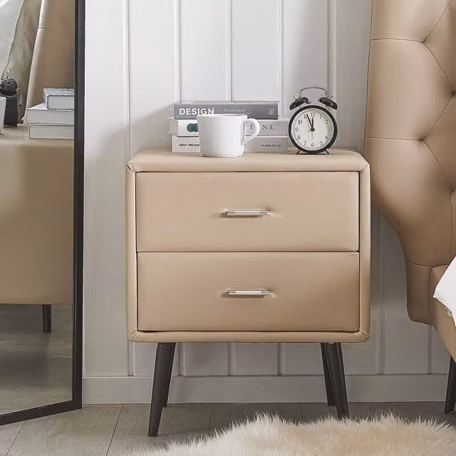 Wyld and Coco Beige Faux Leather Bedside Table with 2 Drawers and Black Legs