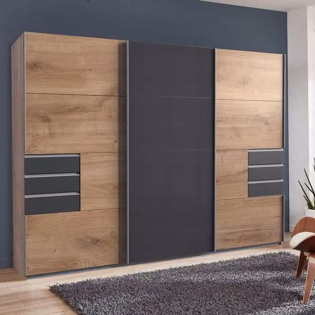 TJS Saigon Solo Minimalist Sliding Wardrobe in Oak, Width: 270 cm