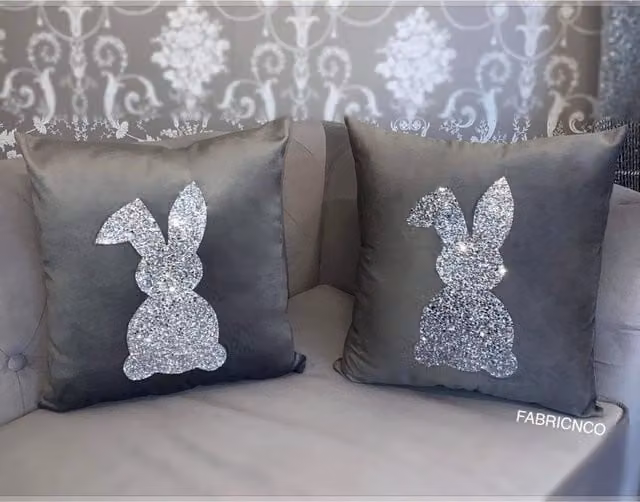 FABRICNCO Grey Plush Easter Bunny Square Cushion, W/D/H: 43.18 x 43.18 x 1 cm