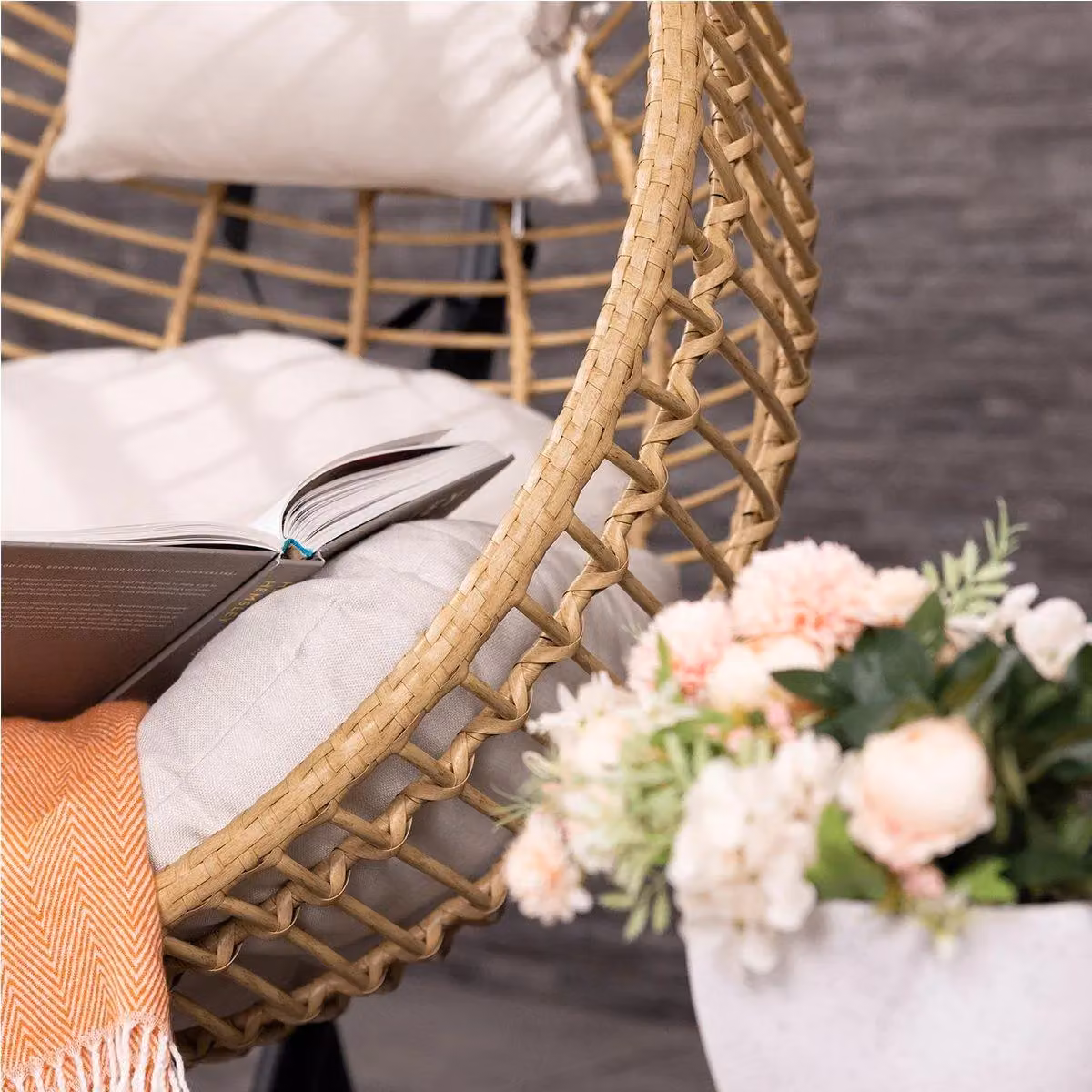 Charles Bentley Single Hanging Swing Chair in Beige with Black Frame and Rattan Weave, H 198 cm x W 104 cm x D 104 cm – 3