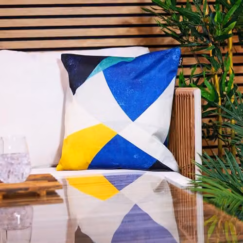 icon Set of 4 Indoor and Outdoor Abstract Leaf Waterproof Cushions, Blue and Yellow, W/D/H: 43 x 43 x 43 cm – 2