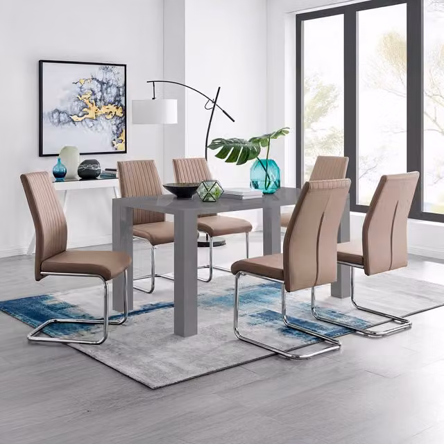 FurnitureboxUK Pivero Grey High Gloss Rectangular Dining Table and 6 Lorenzo Dining Chairs in Cappuccino