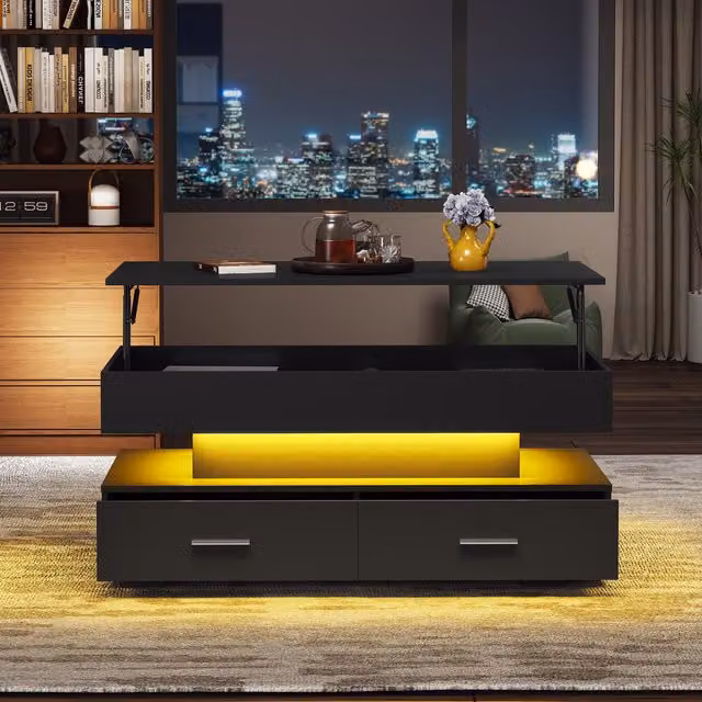 Aosom.UK Black Hydraulic Lift Top Coffee Table with LED Lighting and 2 Drawers, W: 100 cm, D: 50 cm, H: 44 cm – 1