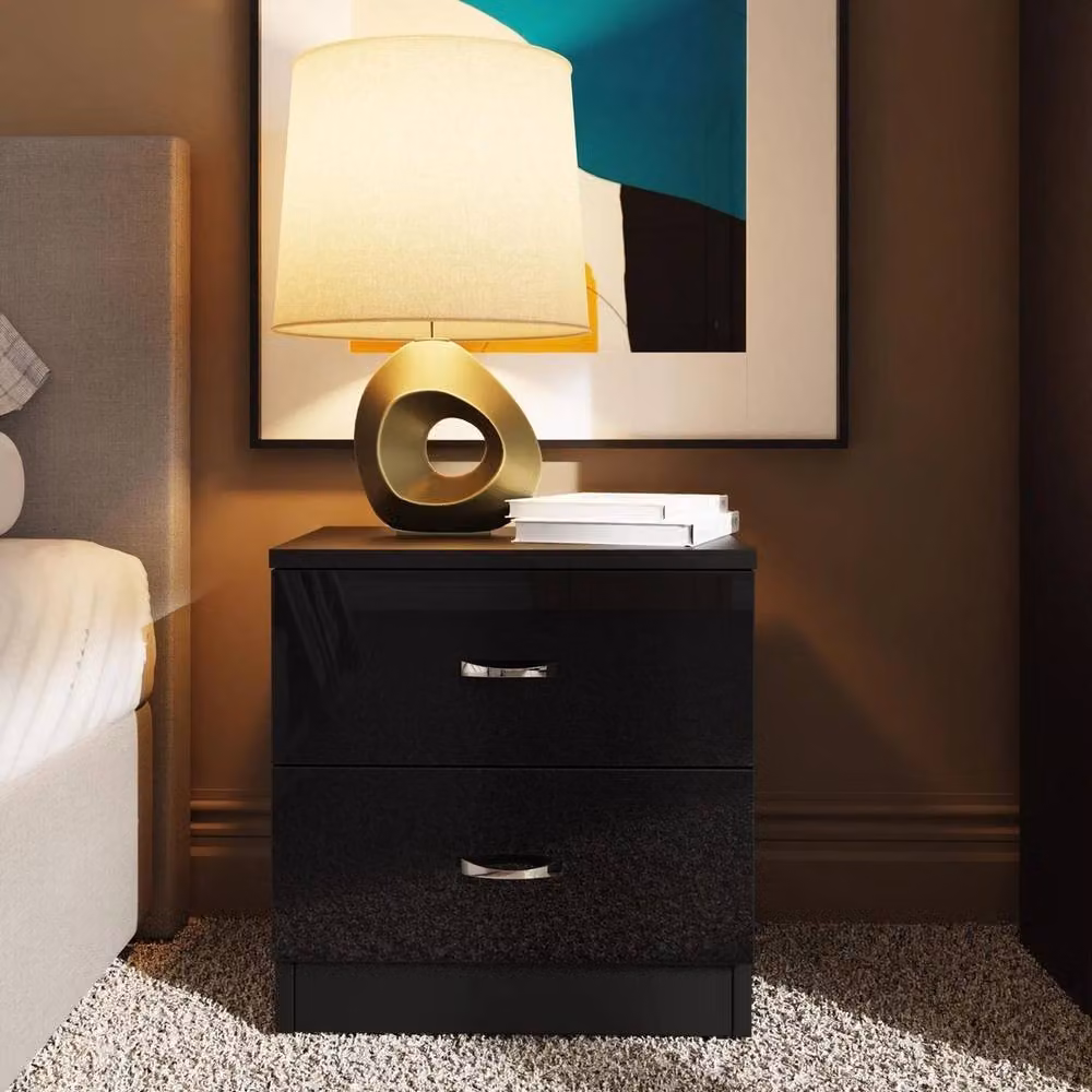 Havendro Chilton Black High Gloss 2 Drawer Bedside Cabinet Table – 3