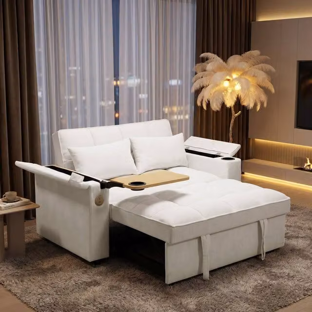 FENCHILIN 2 Seater Pull Out Sofa Bed Loveseat with Hidden Table, Cup Holders and USB Charging, White – 1