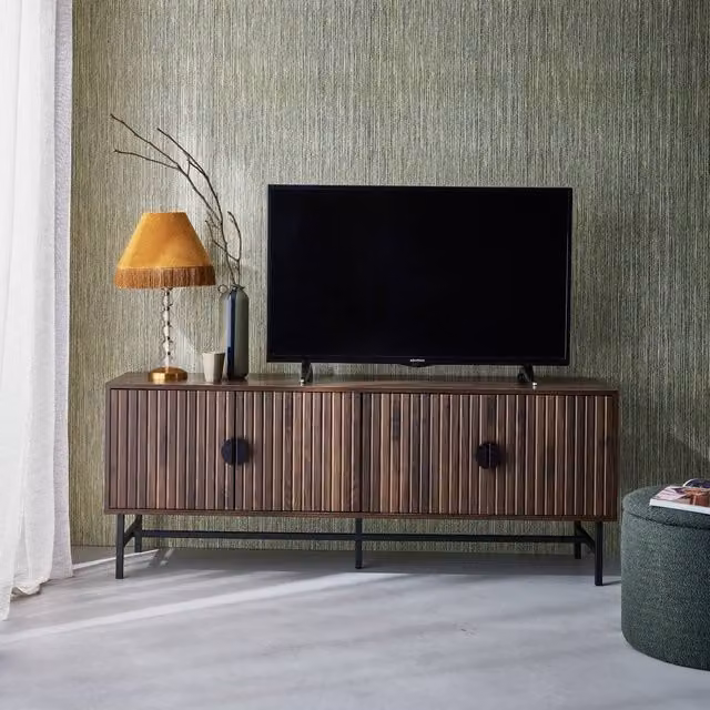 Sweek Industrial Style 4-Door TV Unit in Dark Brown Wooden Effect