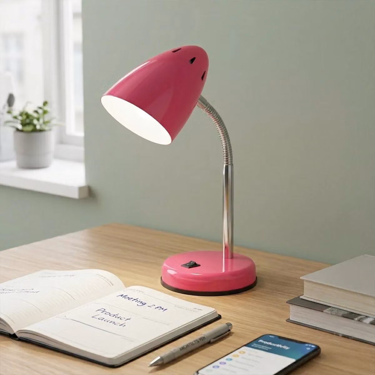 Premier Housewares Pink Modern Desk Lamp with Adjustable Chrome Metal Stem, W/D/H: 13 x 37 x 13 cm – 2