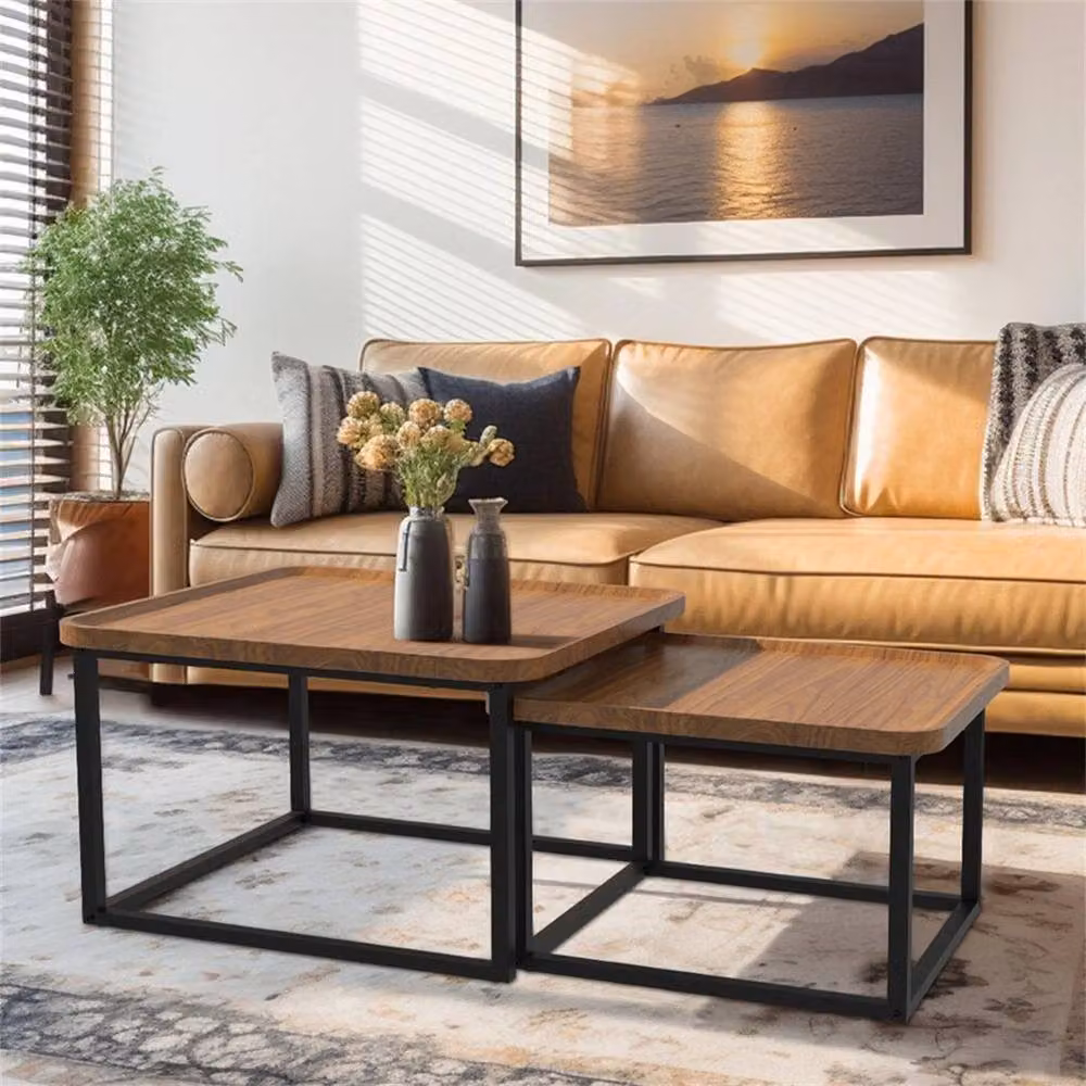 EONLION Industrial Style Coffee Table Set in Brown and Black with Nested Tops, Width: 100 cm – 3