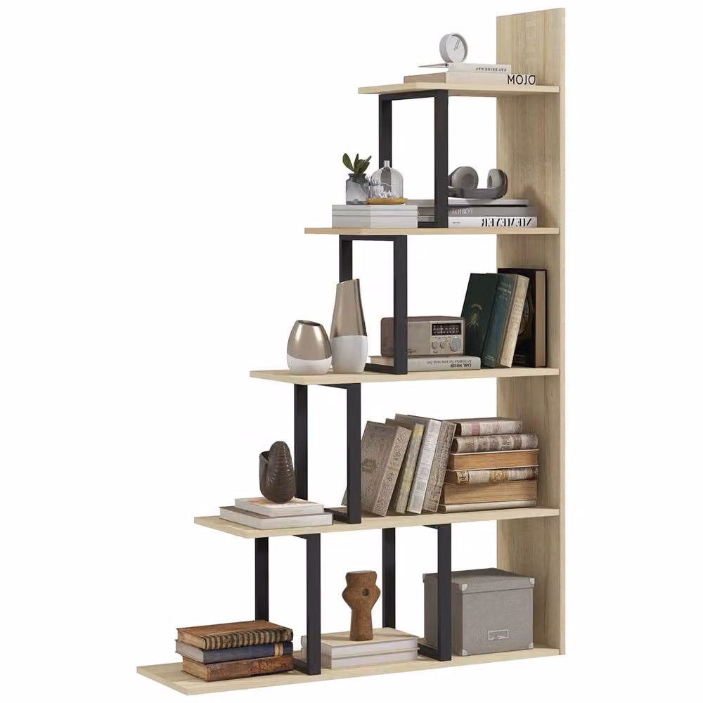 HOMCOM 5-Tier Industrial Ladder Shelf and Bookcase in Oak – 2