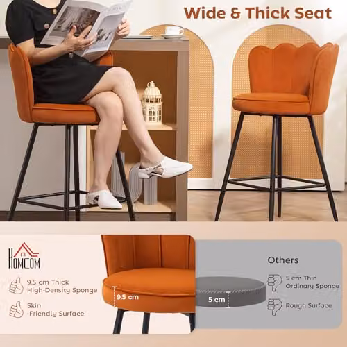 HOMCOM Set of 2 Orange Velvet Bar Stools with Petal Backrest and Metal Footrest – 4