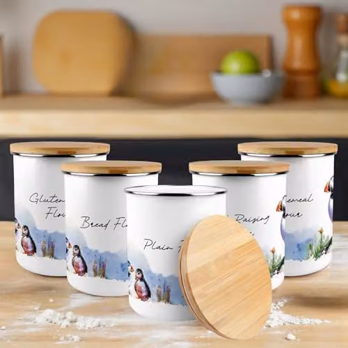 Purely Home Puffins Enamel Flour Storage Canister, Blue and White, 2.7 l – 2