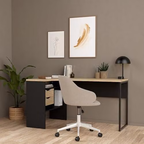 Furniture To Go Function Plus Corner Desk with 2 Drawers in Black Matt and Oak, W/D/H: 145.1 x 81.0 x 76.8 cm – 2