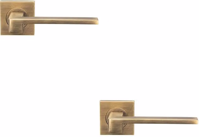 Loops 2x Pair Flat Squared Bar Handles with Square Rose in Antique Brass