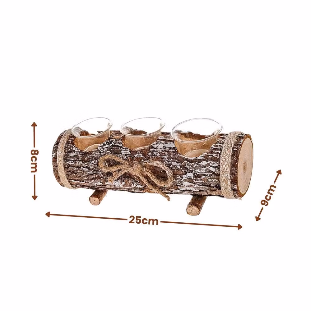 HomeZone Rustic Wood Effect Triple Tealight Candle Holder in Brown with 3 Glass Cups and Tealights Included – 2