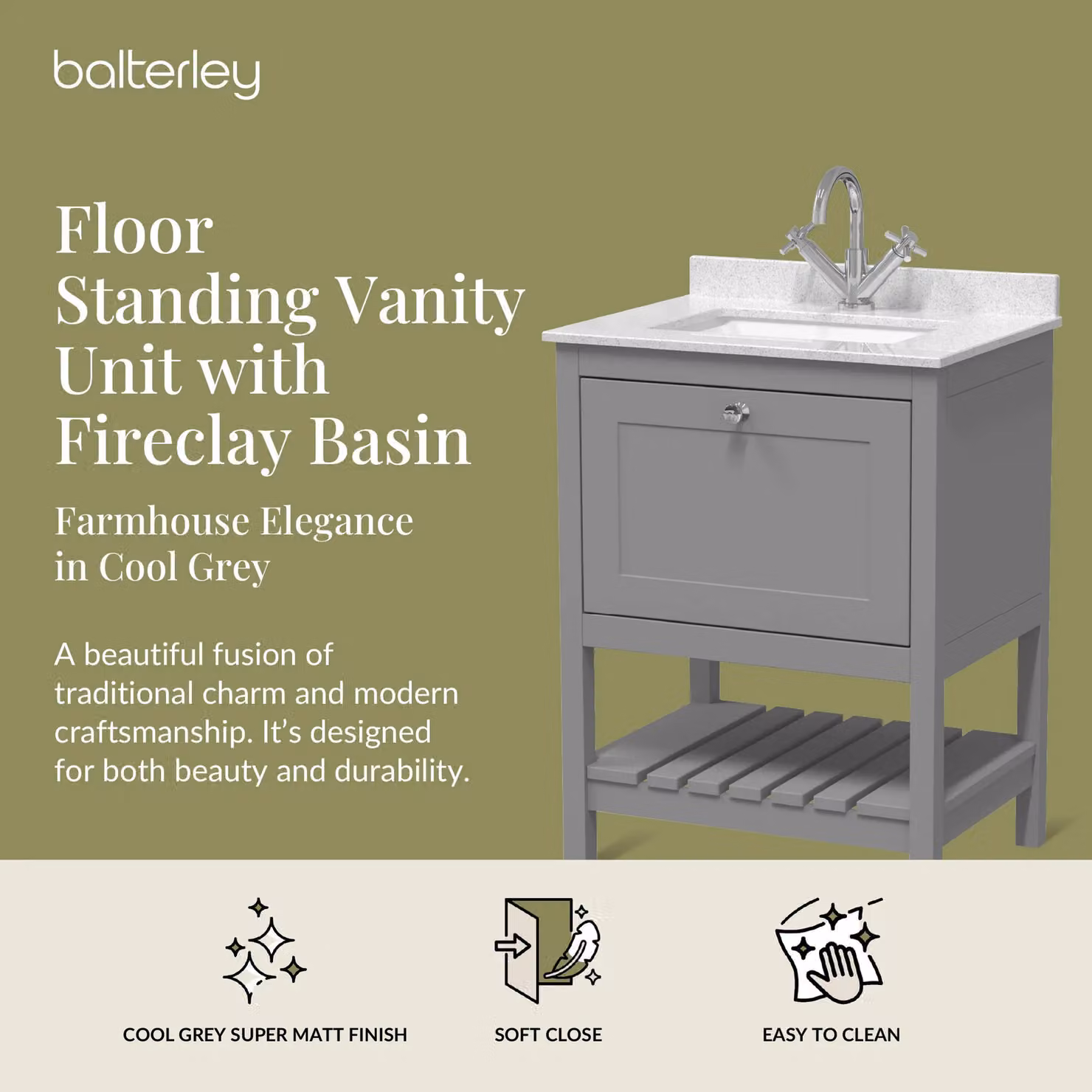 Balterley Floor Standing Bathroom Vanity Unit with Basin and Stone Top, Grey and White, W: 62.0 cm, D: 46.3 cm, H: 81.4 cm – 2
