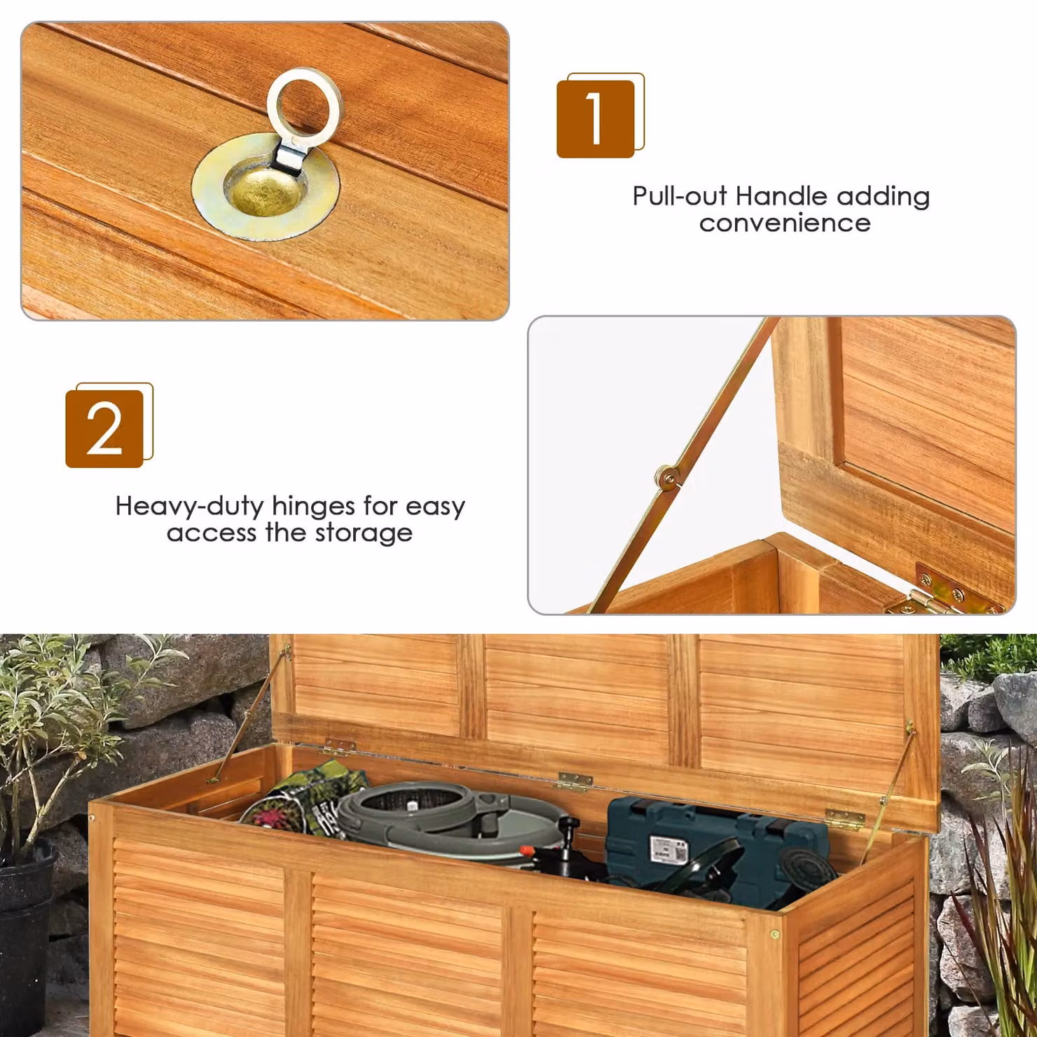 Costway 180 Litre Acacia Wood Garden Storage Bench and Deck Box in Natural Brown – 4