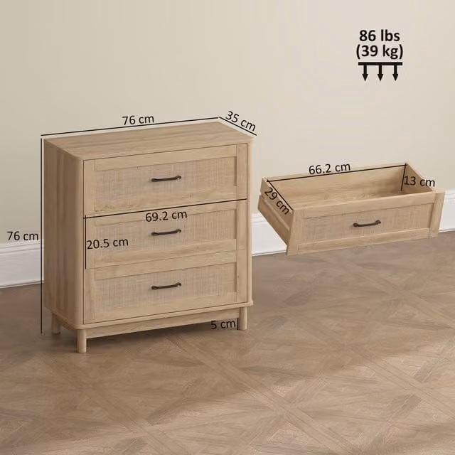 HOMCOM Boho Style 3 Drawer Chest of Drawers in Oak and Rattan Wood