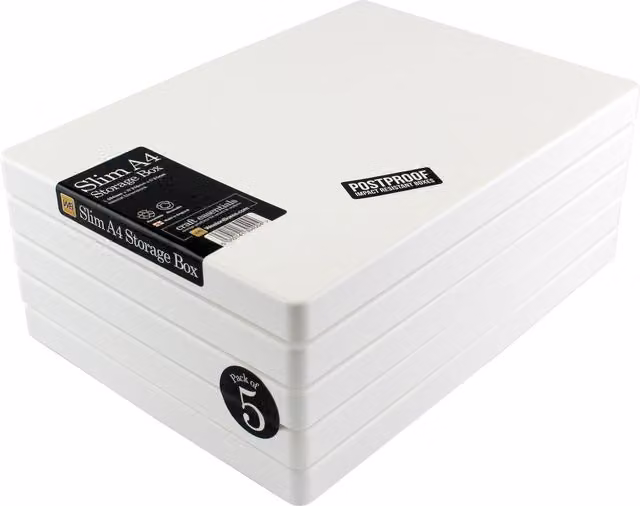 WestonBoxes A4 Slim Plastic Craft Storage Boxes with Lid, White, Pack of 5