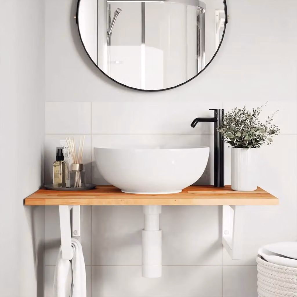 Berkfield Home Wall Mounted Basin Shelf in Brown Steel and Solid Acacia Wood – 2