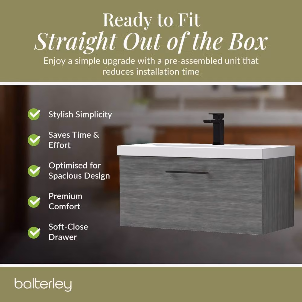 Balterley 800mm Wall Hung 1 Drawer Vanity in Woodgrain Anthracite with Black Handle and Grey Finish – 4