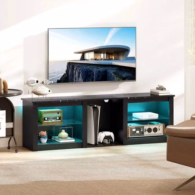 EONLION Modern Black Glass TV Stand Cabinet with Integrated LED Lighting, Width: 100 cm – 1