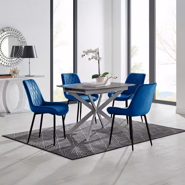 FurnitureboxUK Lira Grey Metal Extending Dining Table and 4 Pesaro Blue Chairs with Black Legs
