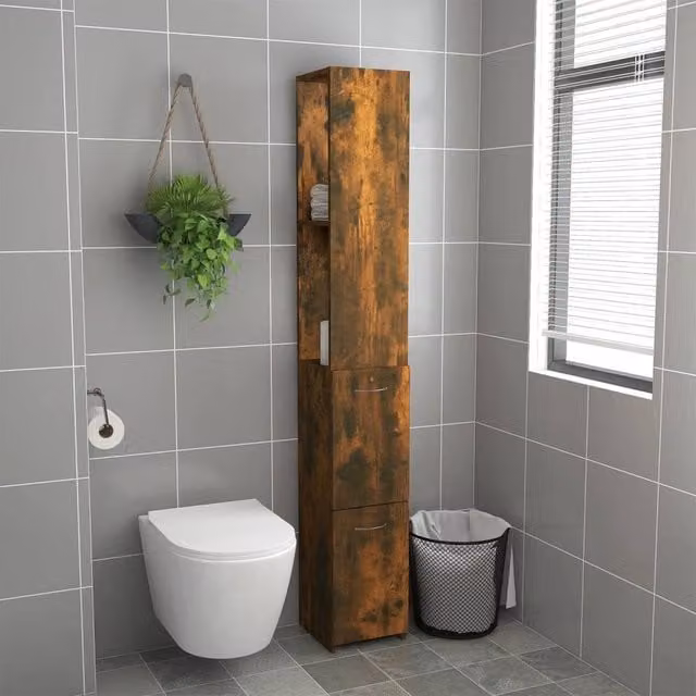 Berkfield Home Premium Bathroom Cabinet in Smoked Oak Brown, W/D/H: 25 x 26.5 x 170 cm