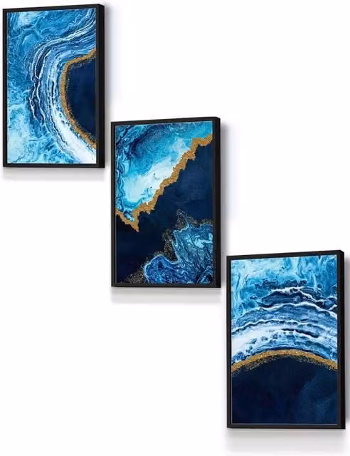 ARTZE Abstract Oceans Framed Wall Art in Navy, Blue, Gold and Black, W: 33 cm, H: 45 cm, D: 2 cm