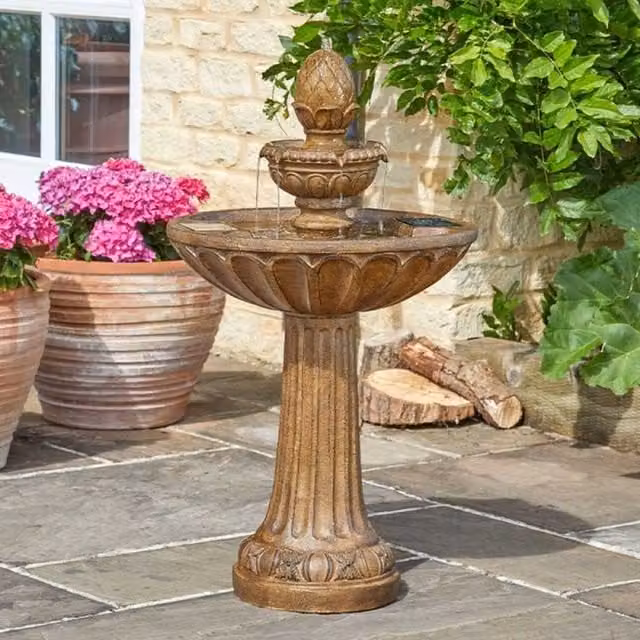 Garden Mile Solar Round Tabletop Garden Water Feature Fountain in Brown Vintage Resin
