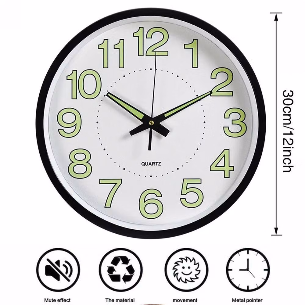 FLAVORA Black Luminous Silent Analog Wall Clock with Night Light, W/D/H: 100 x 100 x 30 cm – 2