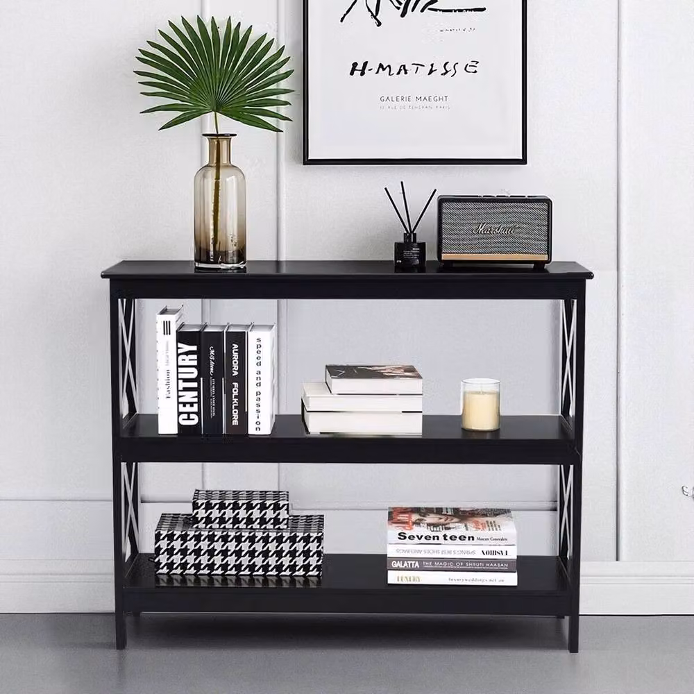 VOGREX X Design 3-Tier Black Wooden Console Side Table with Shelf – 5