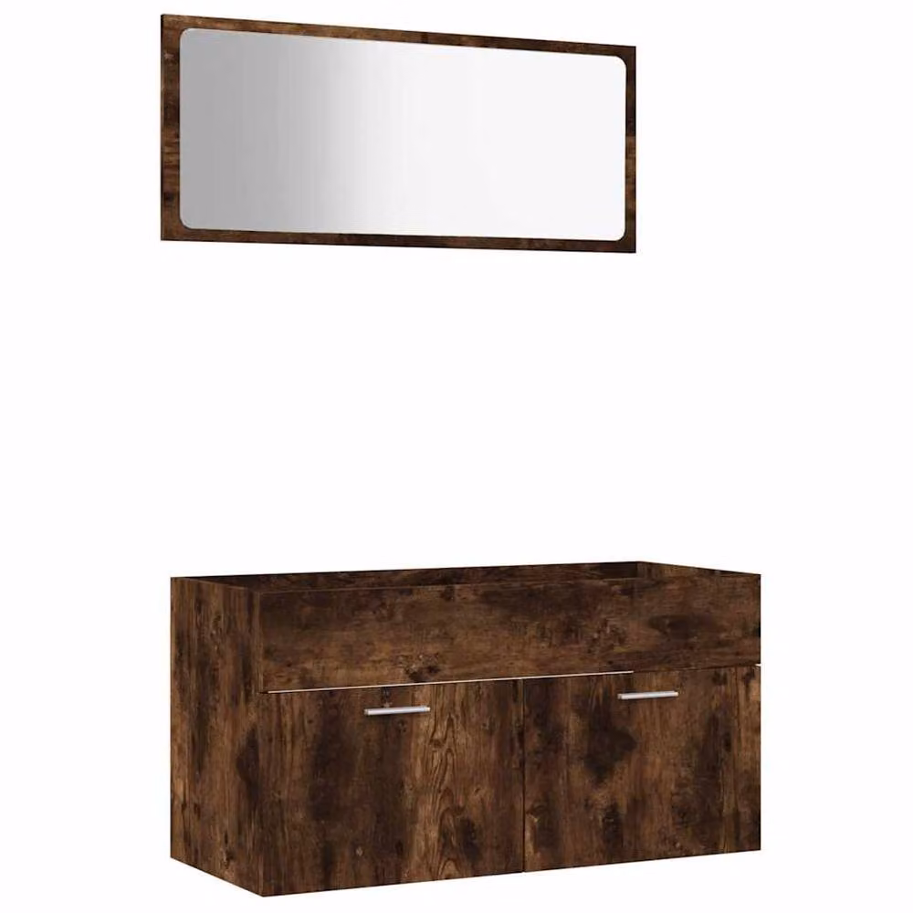 Berkfield Home Practical 2 Piece Bathroom Furniture Set in Smoked Oak Brown, featuring a Vanity Unit and Mirror Cabinet, W/D/H: 66 x 38.5 x 90 cm and 46 x 38.5 x 72 cm – 2