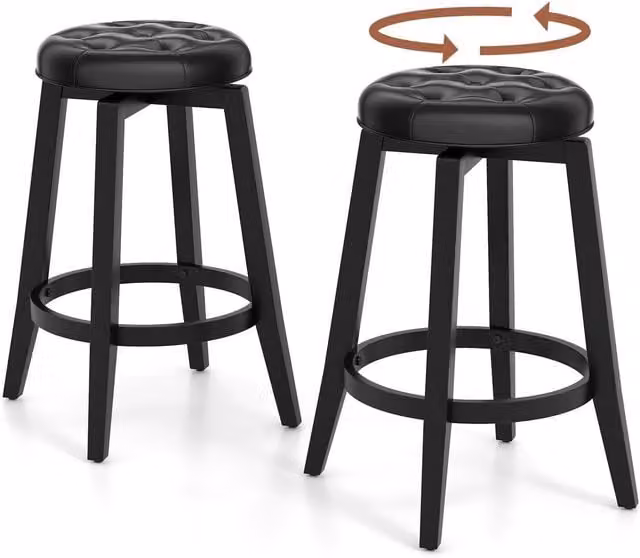 Costway Set of 2 Black Swivel 360 Bar Stools with Synthetic Leather and Rubberwood Legs