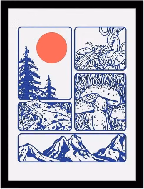 Pyramid International Mushroom, Frogs & The Eternal Sun Framed Art Nouveau Paper Poster in Multicolour